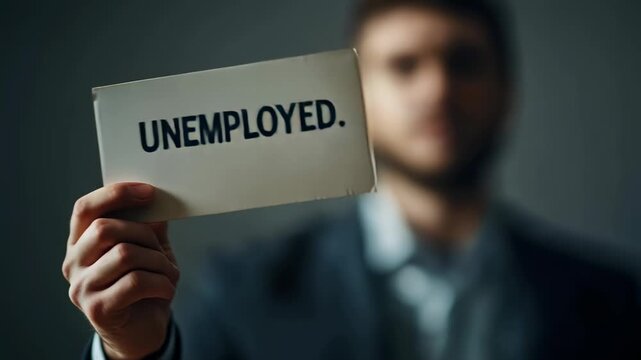 Man in suit holds unemployed sign representing job loss stress economic crisis and career uncertainty