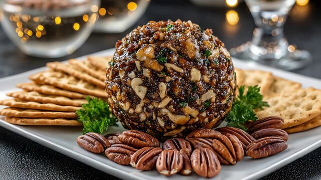 Gourmet cheese ball appetizer with crunchy nuts, crackers, and pecans for holiday celebrations.