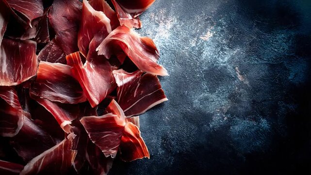 Gourmet Sliced Cured Ham Delicacy Artfully Arranged on a Moody Dark Textured Surface.