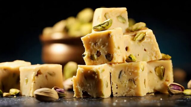 Appetizing stack of creamy pistachio fudge pieces on dark background with scattered nuts.