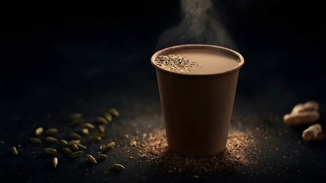 Steaming Spiced Indian Chai Tea in Brown Cup with Cardamom and Ginger on Dark Background.