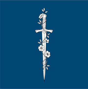 Clean Minimalist Line Art Tattoo Design of a Sword Wrapped in Flower Vines and Leaves on White Background
