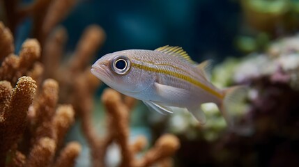 Obraz premium A solitary yellow striped fish navigates a detailed vibrant coral reef ecosystem underwater showcasing marine life in its natural habitat