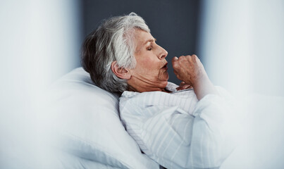Cough, chest pain and sick with old woman in clinic for pneumonia, medical emergency and asthma....