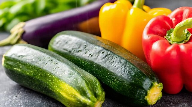 Freshly Washed Organic Zucchini, Eggplant, and Colorful Bell Peppers on a Dark Surface.
