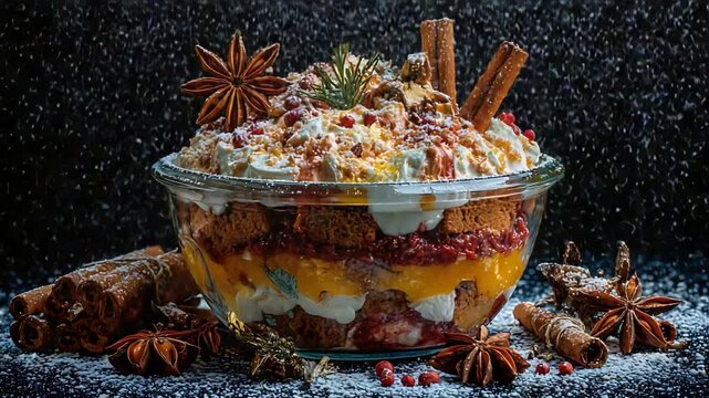 Delicious holiday layered dessert in a glass bowl with falling powdered sugar and warm spices.