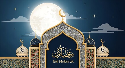 Eid al-adha celebration with a moonlit islamic arch and crescent motifs
