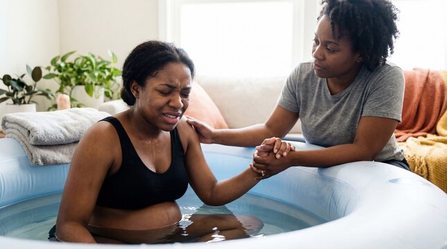African american doula aiding young mother in water birth. Expectant mother finds comfort from caring doula during natural labor, peaceful water birth. Promoting maternal health, informed choices,
