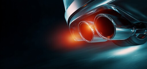 Exhaust Flames in Motion: Captivating close-up of a car's exhaust pipes emitting vibrant flames against a dark backdrop, symbolizing raw power, speed and automotive design.