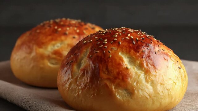 Freshly Baked Golden Bread Rolls Topped with Sesame Seeds on a Beige Cloth.