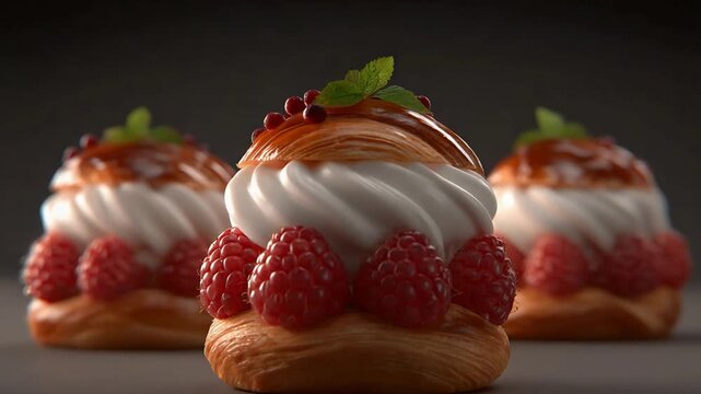 Gourmet Raspberry Cream Puff Pastries with Caramel Drizzle and Mint Leaf on Dark Background.