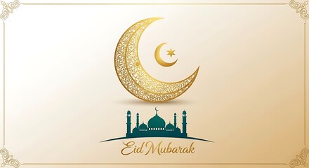 Eid al-adha celebration with crescent moon and mosque illustration.