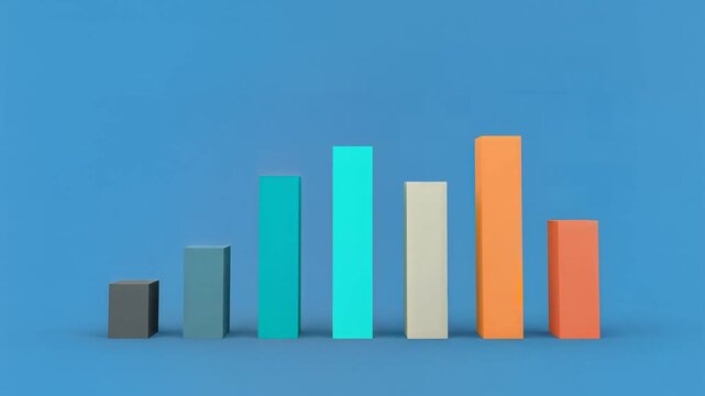 Colorful 3D Bar Graph Animating and Changing Heights Against a Solid Blue Backdrop