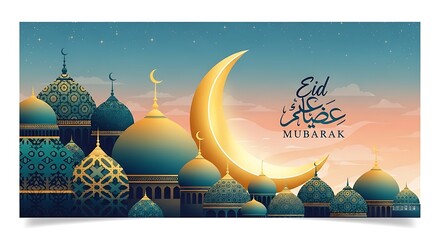 Eid al-adha celebration with moon and traditional islamic architecture