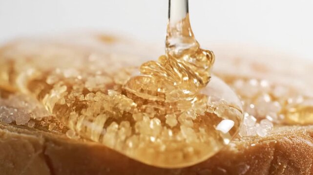 Honey drippin on toast with close up, macro, and food.