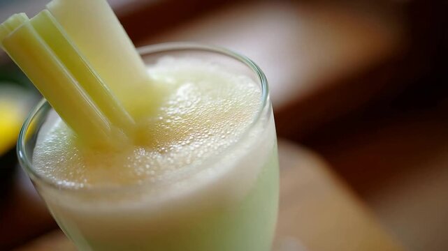 Delicious vibrant green juice with fresh celery stalks, perfect for a healthy lifestyle.
