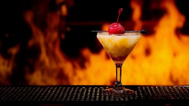 Vibrant Fruity Cocktail in Martini Glass Against Dramatic Blazing Fire Background on Bar.