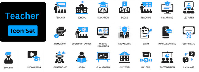Teacher solid icon set contain lesson, online class, class, school, teaching, mentor, professor, student, education, books, instruct, knowledge and pedagogy