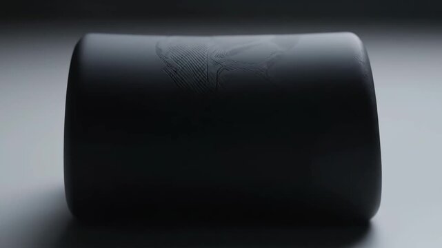 A close-up shot of a dark, matte cylindrical object slowly rotating, revealing intricate etched patterns. The minimalist lighting highlights the texture