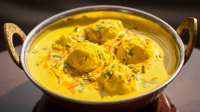 Delicious Malai Kofta in creamy saffron sauce served in traditional Indian karahi pot.