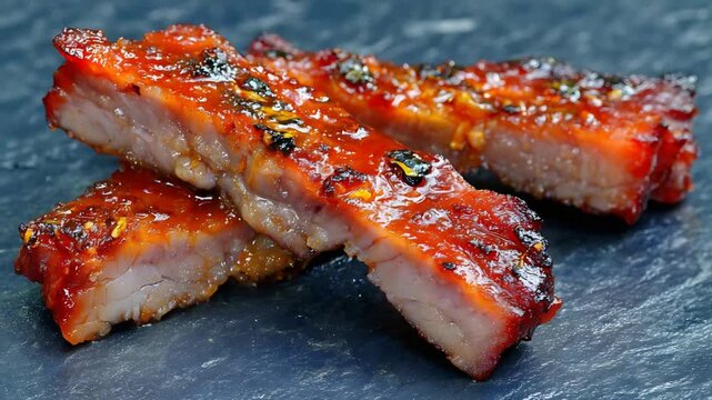 Close Up of Appetizing Juicy Grilled Barbecue Pork Ribs with Sweet Glaze.