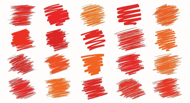 A collection of red and orange scribbled brush stroke textures on a white background.