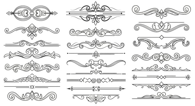 A collection of ornate decorative borders and dividers with intricate scrollwork and symmetrical designs, presented in a black and white line art style.