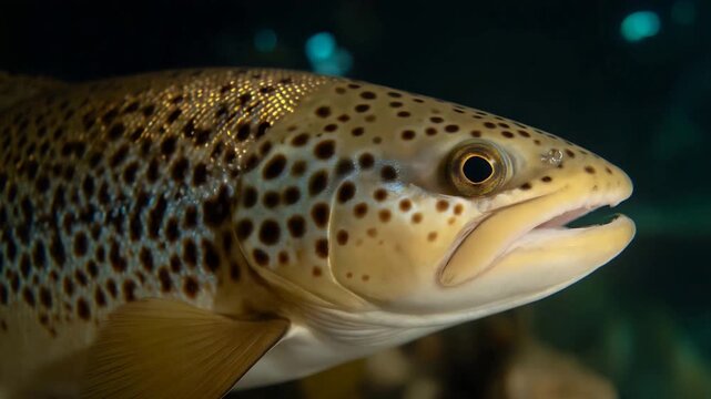 Detailed Close Up of a Brown Trout Swimming Underwater with Distinctive Spots.