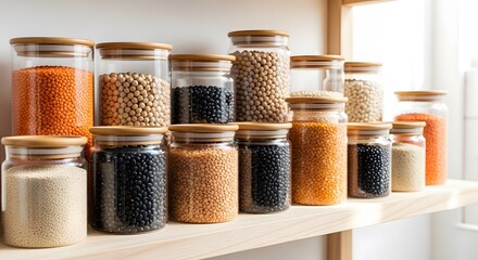 Glass jars with assorted dried legumes and grains on wooden shelf