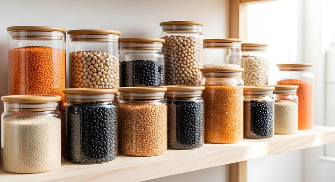 Glass jars with assorted dried legumes and grains on wooden shelf