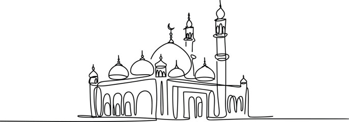 Minimalist single-line of a mosque with domes and minarets in black on a white background Islamic architecture © MstAnowara