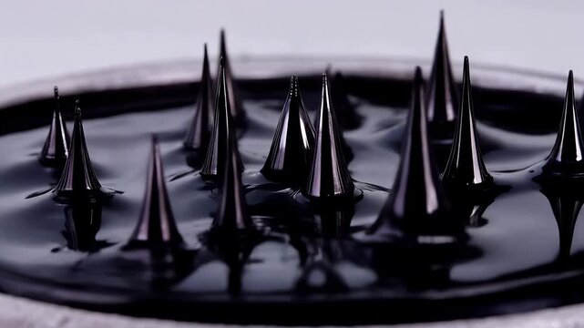 Abstract black ferrofluid spikes moving under magnetic field. Scientific metallic liquid texture background.
