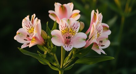 Obraz premium Delicate Pink Alstroemeria Flowers Blooming in Soft Light Against Dark Background - Romantic Floral Design Element