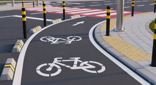 Safe urban cycling infrastructure: clearly marked bike path separated by bollards, supporting eco-friendly and active city commuting.