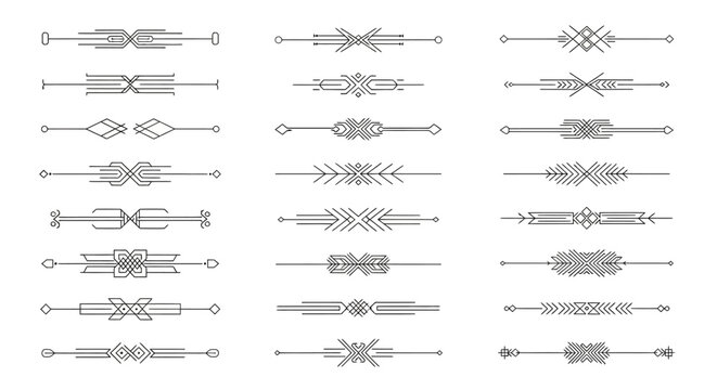 A collection of elegant black and white vector text dividers and decorative page separators with various geometric patterns.