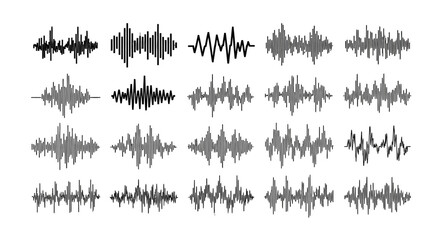Obraz premium A collection of twenty different grayscale sound wave visualizations, illustrating various audio frequencies and amplitudes.