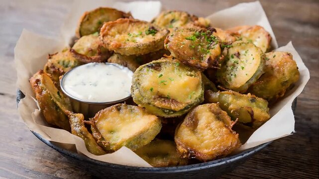 Crispy fried dill pickle slices served with a cool ranch dipping sauce at a restaurant.