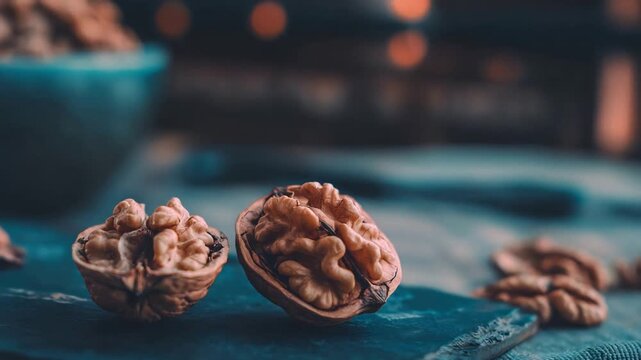 Delicious Shelled Walnuts Artfully Arranged on a Dark Tabletop with Blurred Lights.