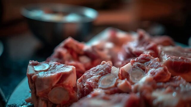 Close Up View of Fresh Raw Red Bone In Meat Chunks Prepared for Cooking.