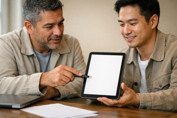 Fototapeta premium Tablet device showing blank screen held by two men in casual conversation