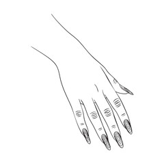 Hand with long nails and fingerprints in a simple line style fingers line black and white