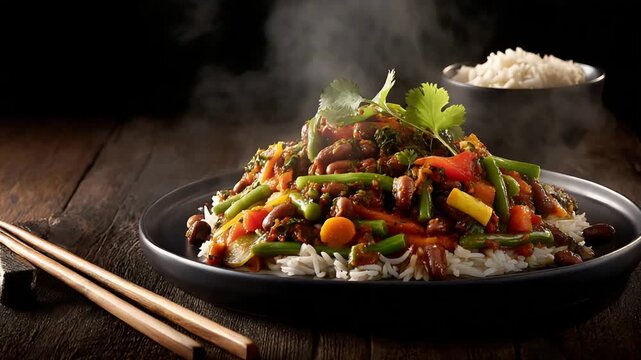 Warm, aromatic plant based meal featuring colorful vegetables, kidney beans, and steaming white rice.