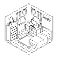 Isometric bedroom interior with bed and desk near window with curtains