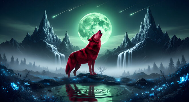 A vibrant red wolf howls under a glowing green moon in a mystical, dark fantasy landscape with jagged mountains and falling meteors.