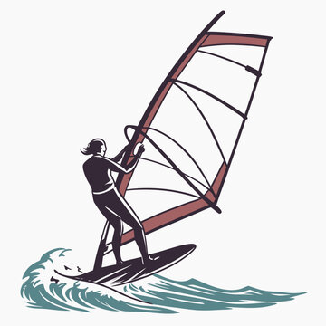 A person windsurfing on a choppy sea with a red and white sail. Vector