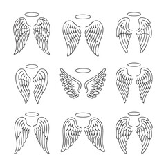 Nine pairs of angel wings with halos in black and white line style line black and white