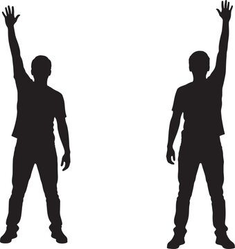 Two black silhouettes of men with raised arms