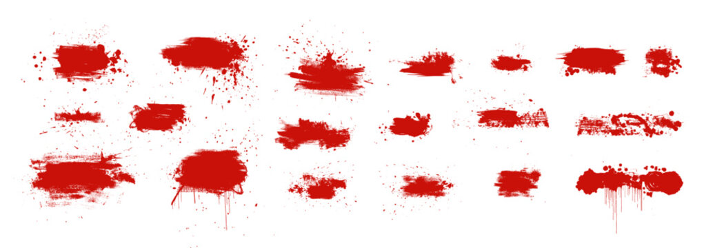 Red blood splatter stains. Bloody vector splashes. Empty horror text boxes. Set of grungy hand drawn spot textures. Lquid paint spatter brushstroke smears. Creepy brush stroke elements. Halloween bg