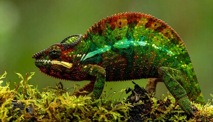 Fototapeta premium Vivid tropical reptile, a chameleon, perches on mossy vegetation. Its skin showcases brilliant colors