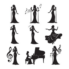 Silhouettes of women singing and playing piano with musical notes and instruments